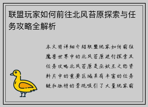 联盟玩家如何前往北风苔原探索与任务攻略全解析